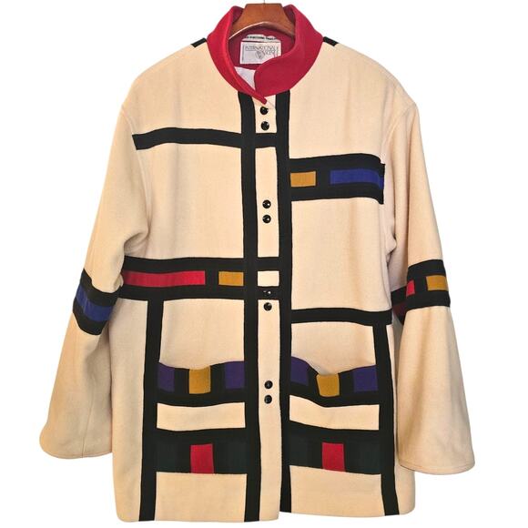 International Scene Vintage 80's-90's Colorblock Geometric Mondrian Print Coat - Picture 3 of 8